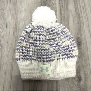 Under Armour Hat Girls Youth OS White and Purple Marled Knit Beanie with Puff